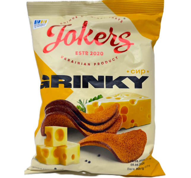 Packaged snack with 'Jokers' branding and cheese-themed design on a white background