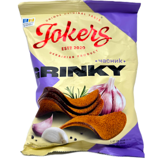 Jokers Grinky snack package with garlic and rosemary on a white background