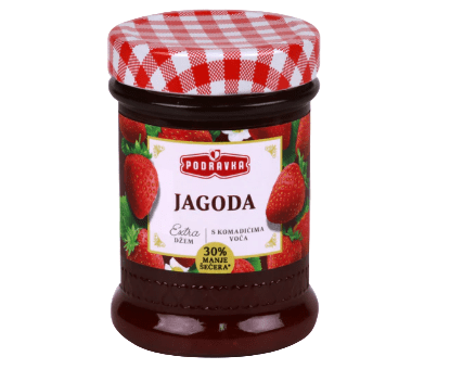Jar of strawberry jam with a red and white checkered lid on a white background