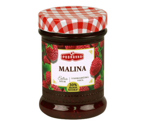 Jar of Podraya Malina jam with a red and white checkered lid on a white background
