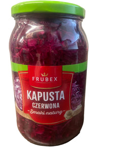 Jar of pickled red cabbage with a Frubex label on a wooden surface.