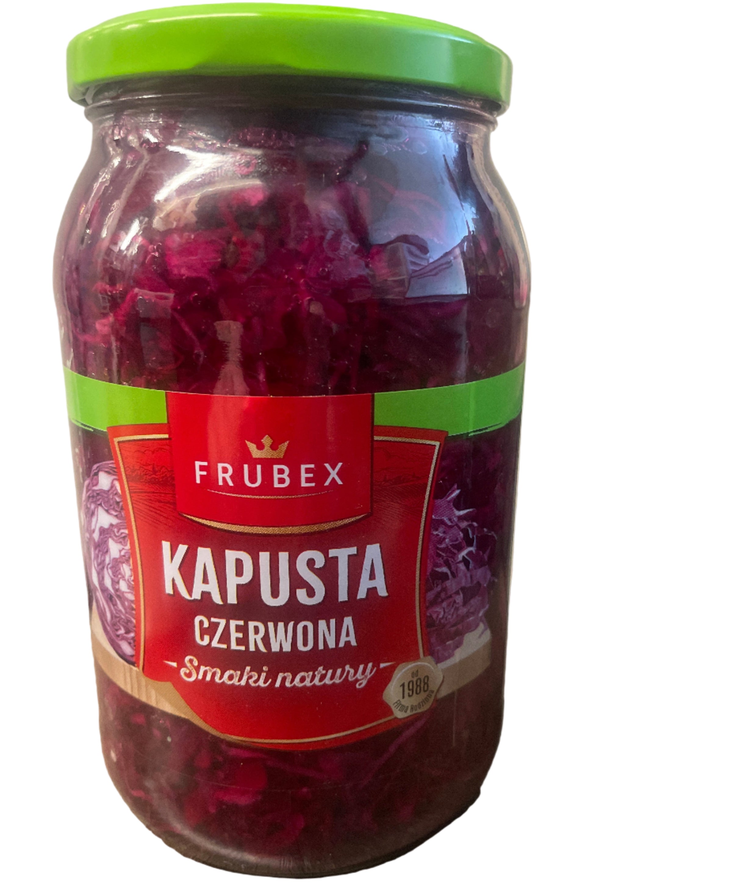 Jar of pickled red cabbage with a Frubex label on a wooden surface.