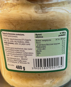 Jar of pickled cabbage with a label showing nutritional information and product details.