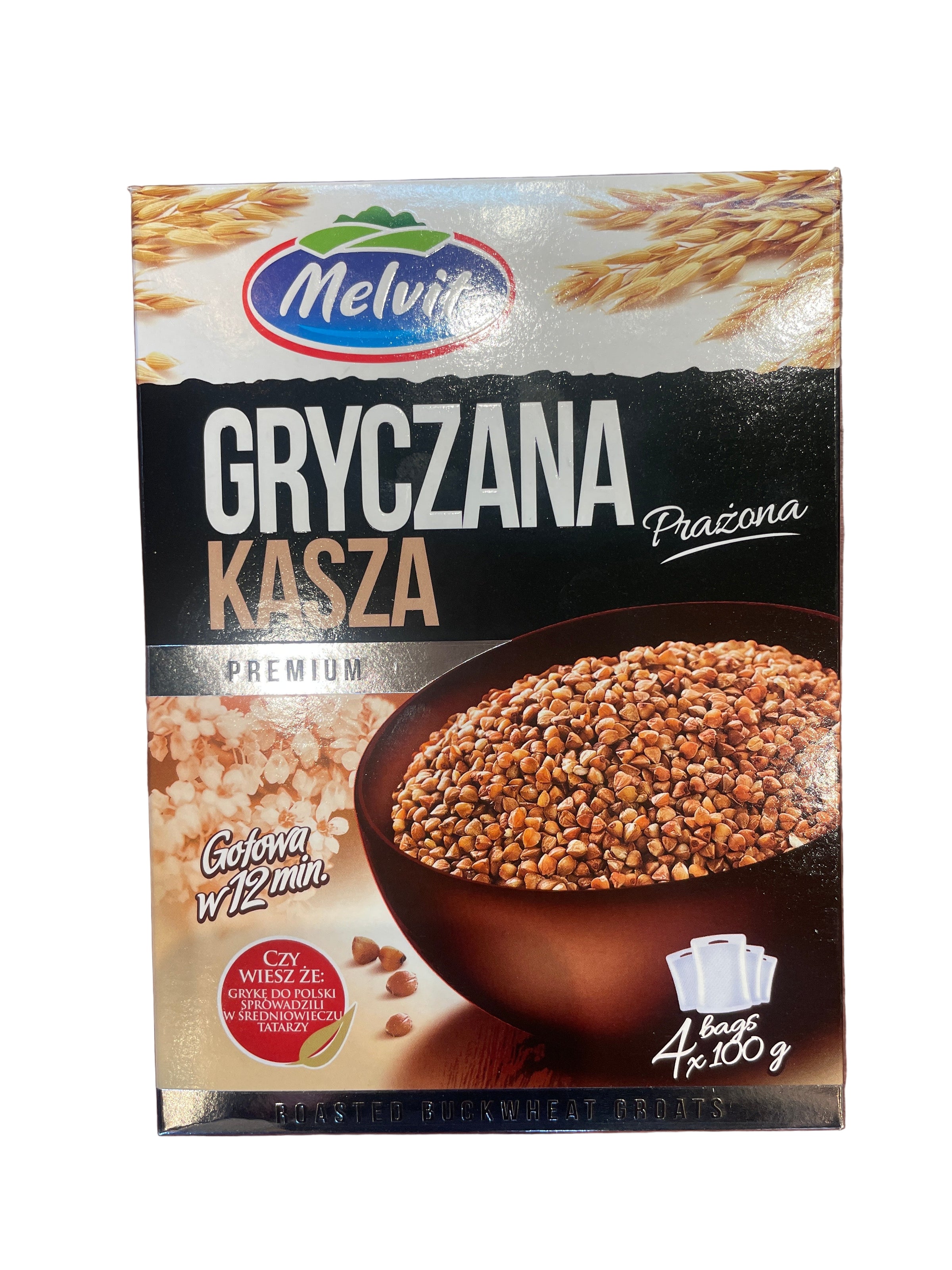 Package of Melvit brand roasted barley groats, with an image of the groats in a bowl and text indicating the product is 'Premium' and has '4+5g'.