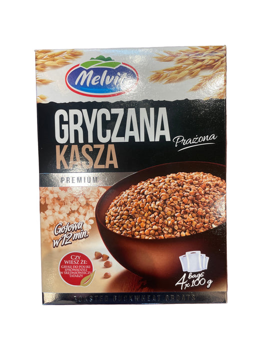 Package of Melvit brand roasted barley groats, with an image of the groats in a bowl and text indicating the product is 'Premium' and has '4+5g'.
