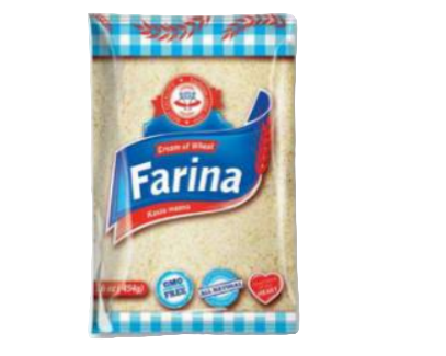 Package of Farina pasta with a blue and red checkered border on a white background
