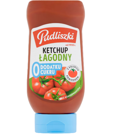 KETCHUP ZERO CUKRU LAGODNY,TOMATO KETCHUP NO  SUGAR ADDED,PUDLISZKI,440G