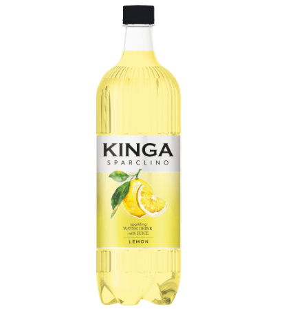 Bottle of Kinga Sparclino sparkling water with lemon flavor on a white background