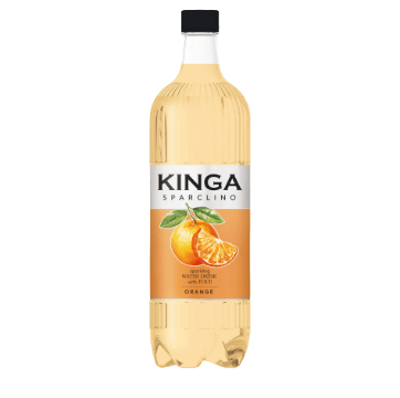 Bottle of Kinga Sparkling Orange drink on a white background