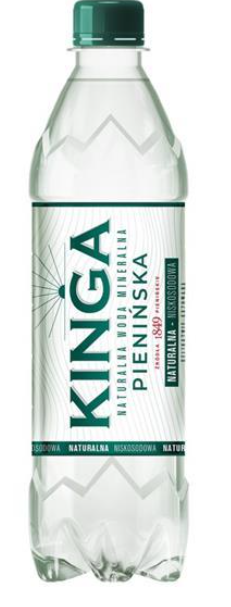 A 500ml plastic bottle of KINGA PIENINSKA natural water with a green cap and label, indicating the brand and volume.