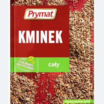 Prymat Kminek whole caraway seed package with red background