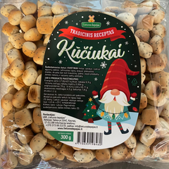 Packaged snacks with a decorative label featuring a gnome on a metallic surface
