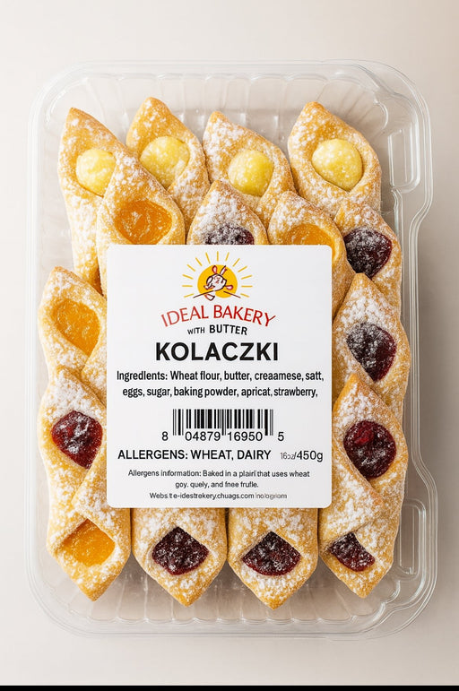 Packaged Kolaczki with Ideal Bakery label on a neutral background