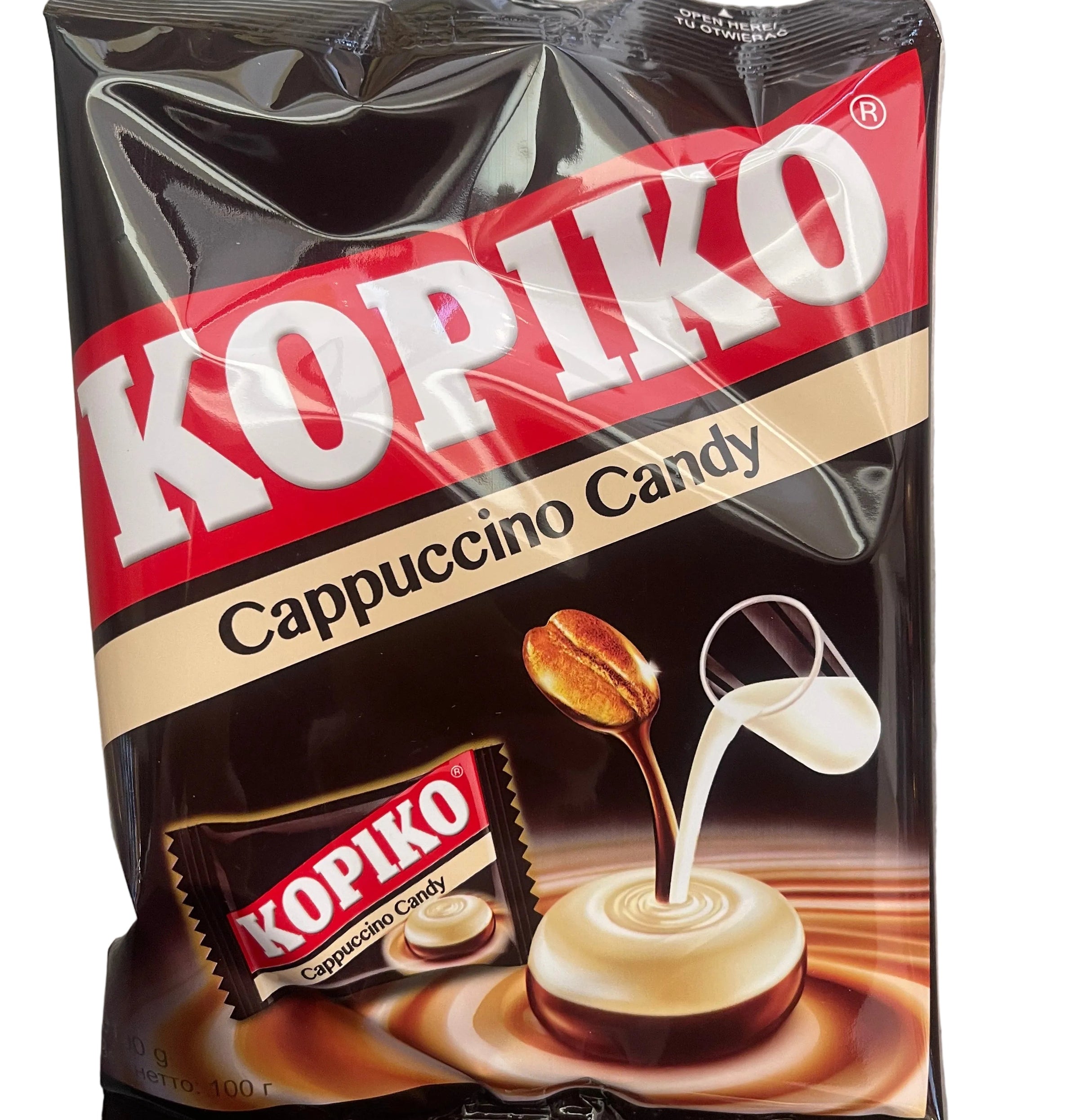 Kopiko Cappuccino Candy packaging on a gray background
