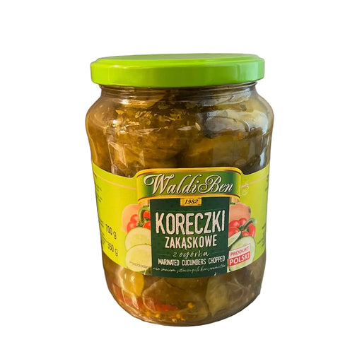 Jar of Waldi Ben pickles on a metallic surface
