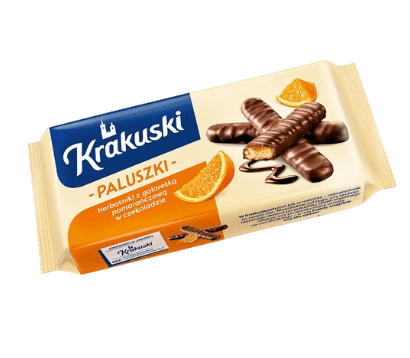 Krakuski Paluszki chocolate bar packaging with orange slices on a white background