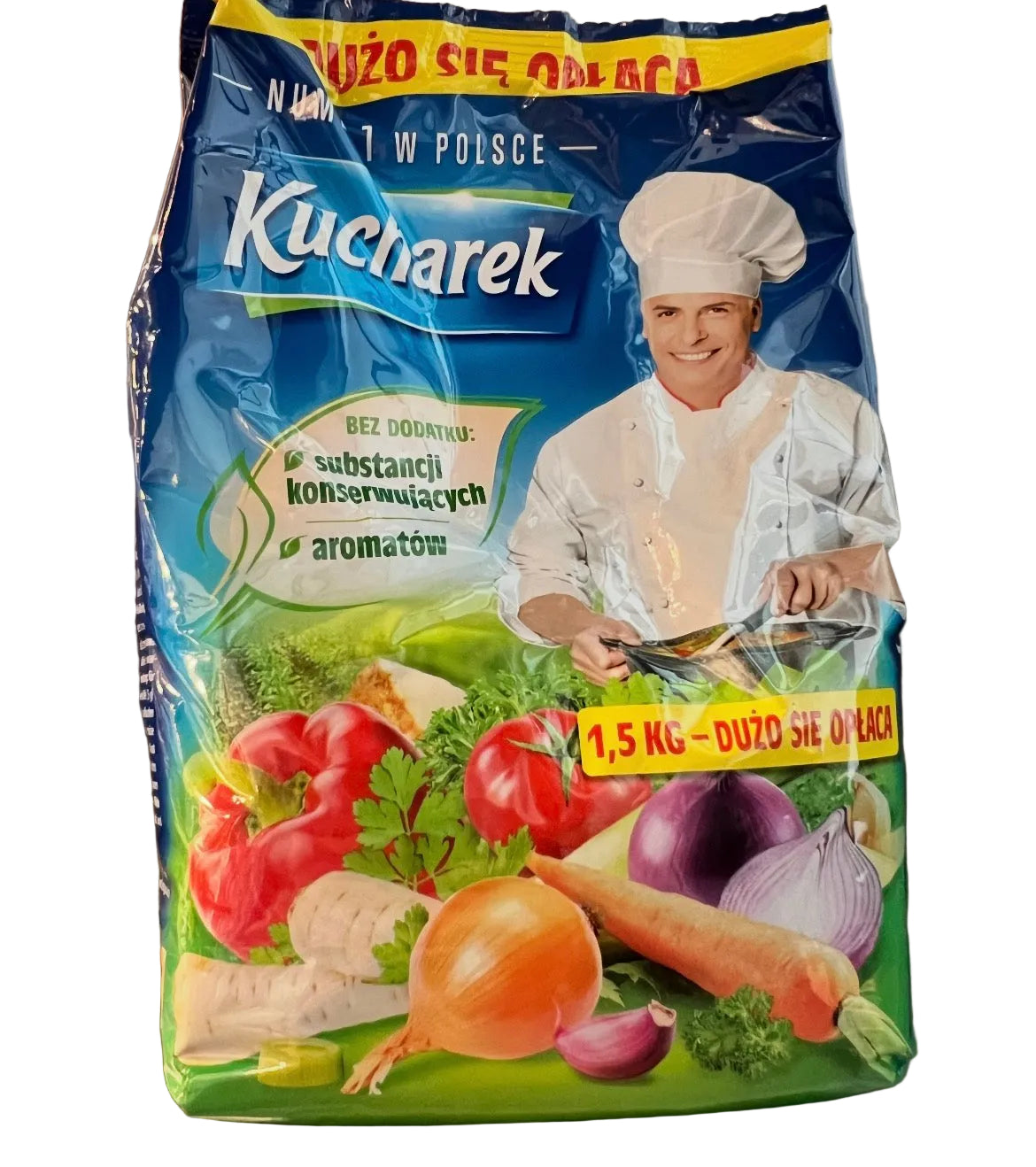 A 1.5 kg bag of Kucharek 'Dużo się odłaca' (garlic powder) featuring a blue and green design with a cartoon chef and illustrations of fresh vegetables.