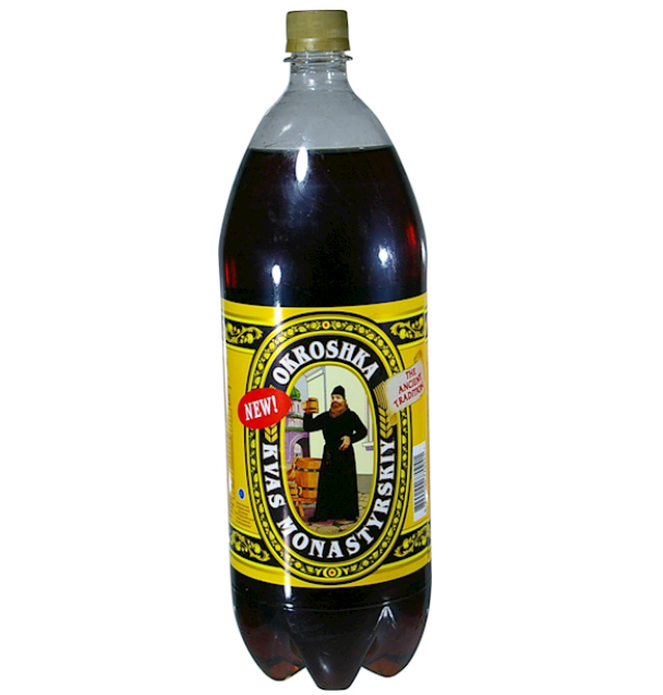 Bottle of Okroshka Monastyrysky with a colorful label on a white background