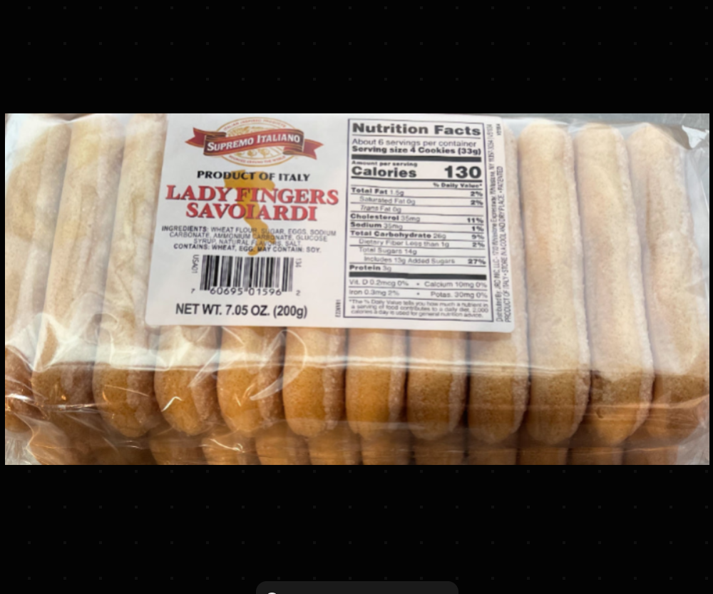 Packaged lady fingers with a label on a black background
