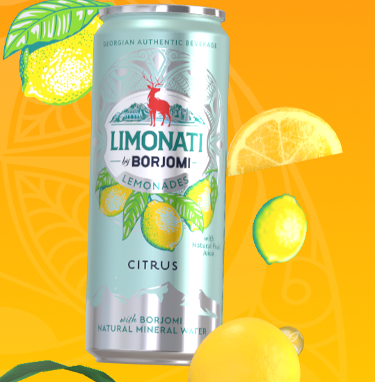 Limonati by Borjomi lemonade can with lemons on a bright orange background