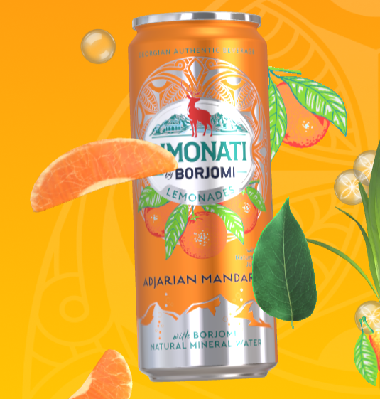 Can of Borjomi Lemonati Adjarian Mandarin lemonade on an orange background with mandarin slices and leaves.