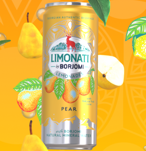 Limonati by Borjomi pear lemonade can with pears on an orange background