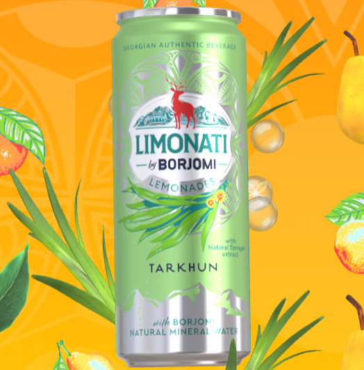 Limonati by Borjomi lemonade can on an orange background with fruit illustrations