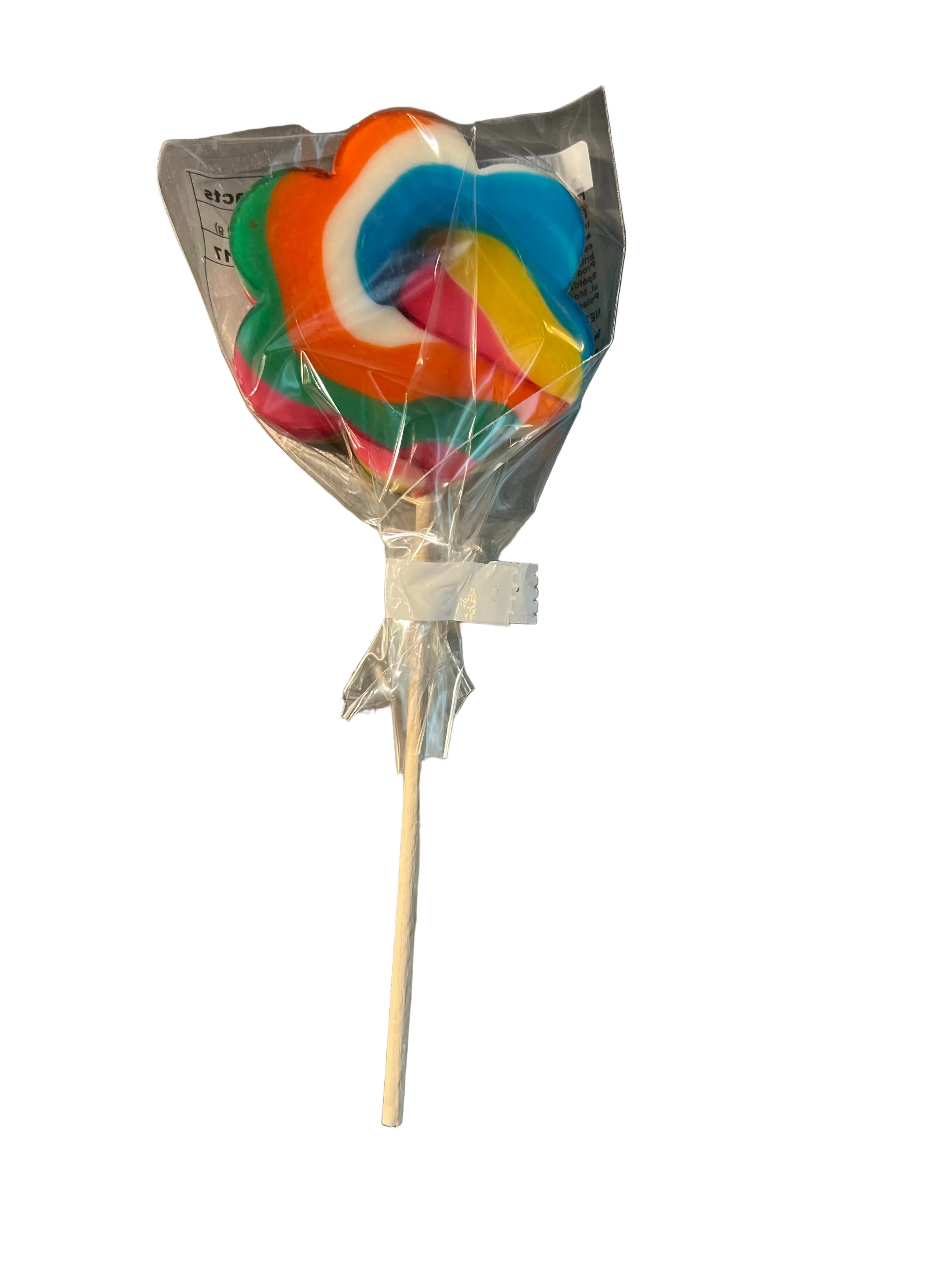 Colorful lollipop on a stick in clear plastic packaging against a metallic background
