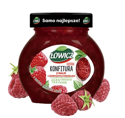 Jar of Łowicz raspberry jam with raspberries on a white background