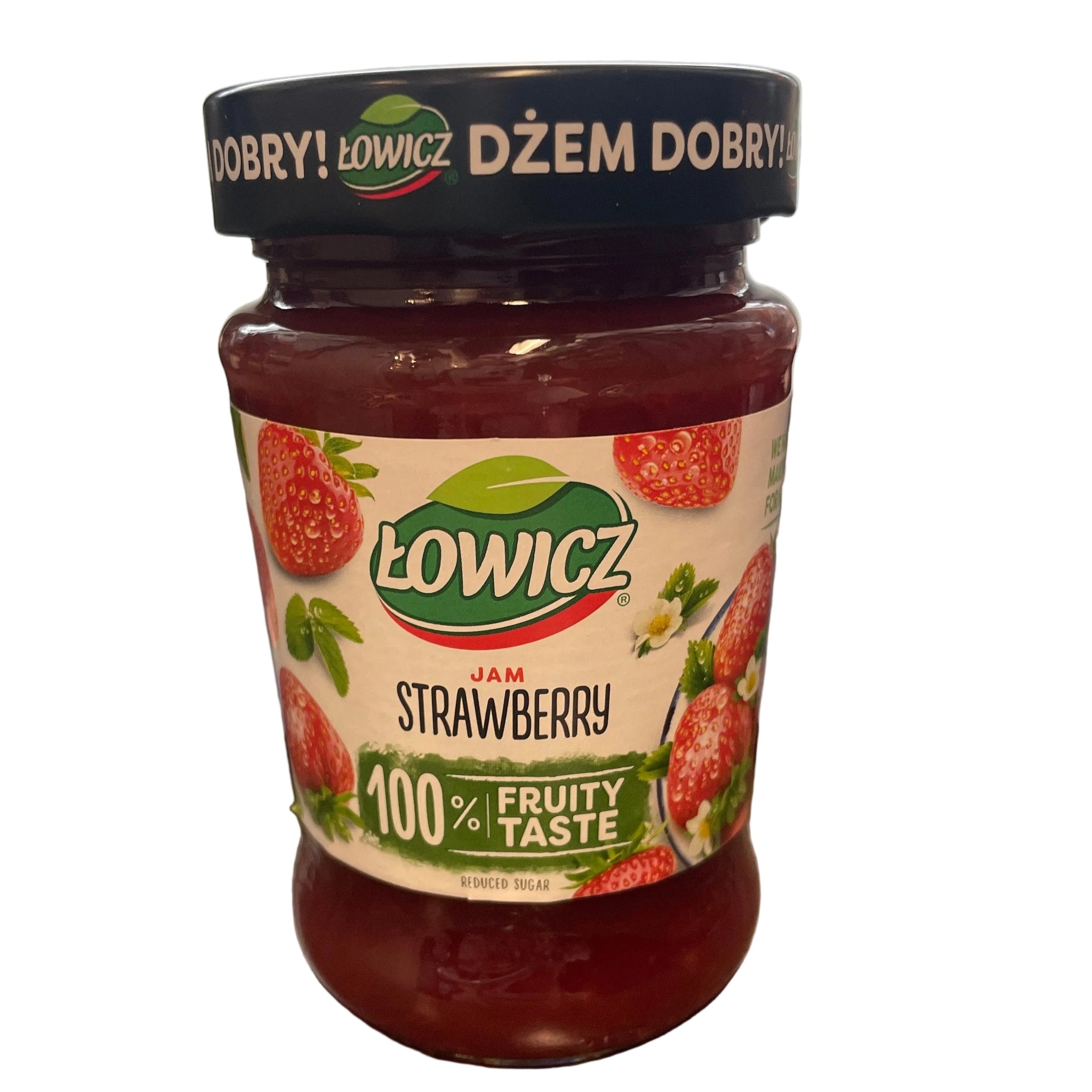Jar of strawberry fruit spread on a metallic surface