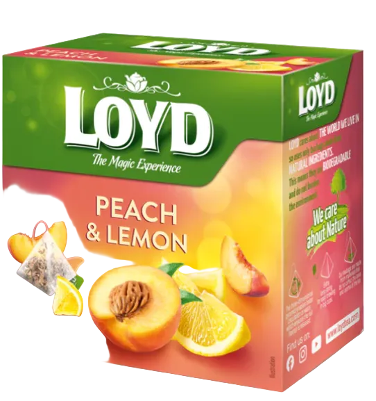 Box of Loyd Peach & Lemon tea with green and pink design