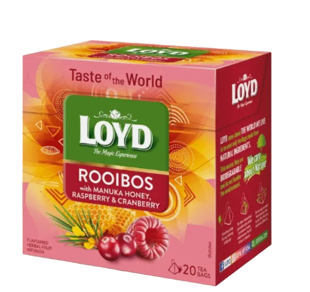 Box of Loyd Rooibos tea with raspberry and cranberry flavor on a white background
