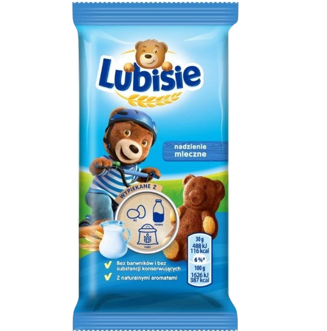 Lubisie milk-based snack packaging with cartoon bear characters on a blue background