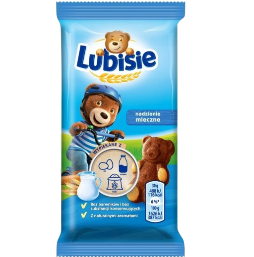 Lubisie milk-based snack packaging with cartoon bear characters on a blue background