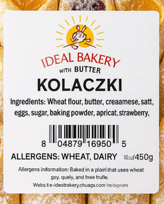 Label for Ideal Bakery Kolaczki with ingredients and allergen information.