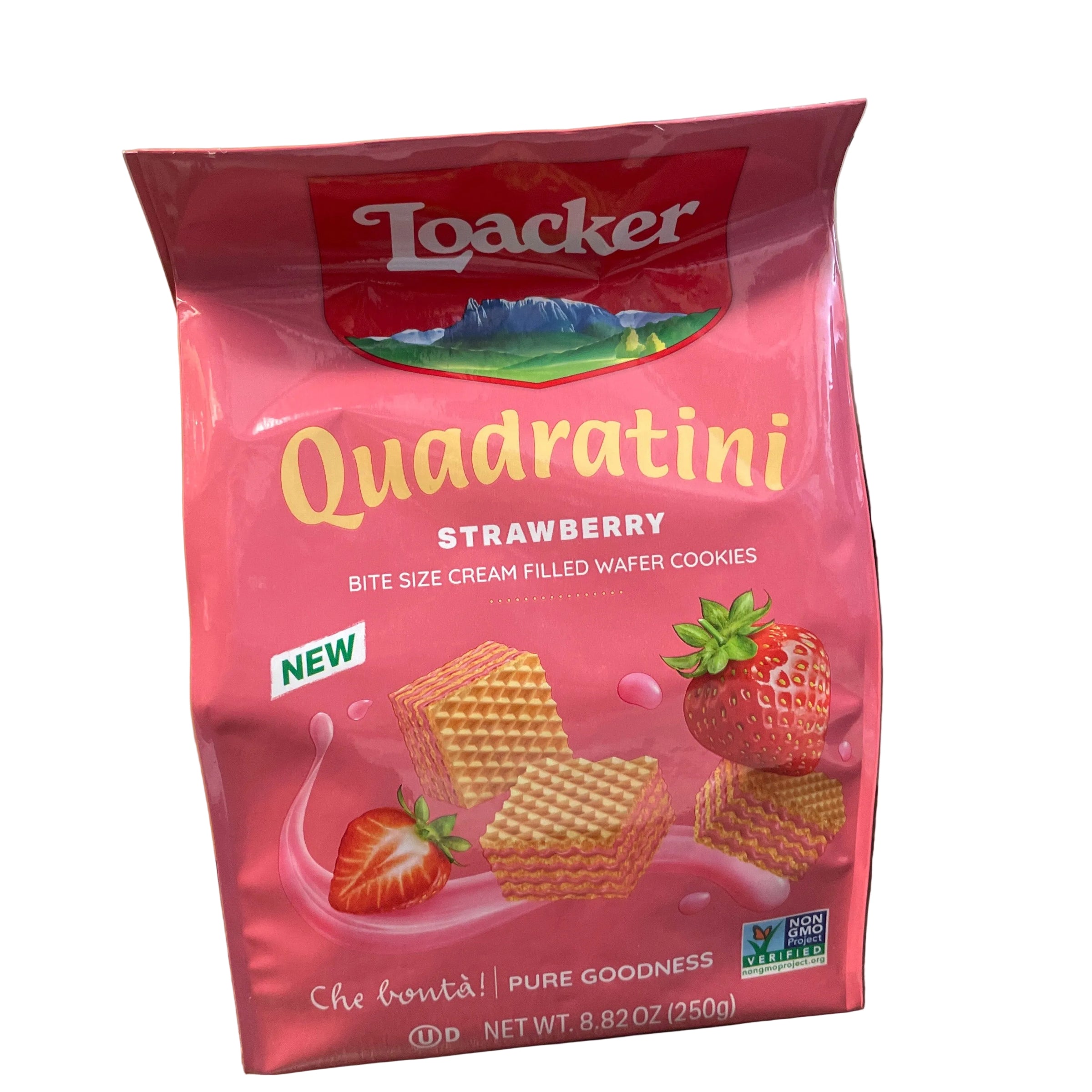 A package of Toacker Quadratini Strawberry Bite Size Cream Filled Wafers Cookies, shown in its pink packaging on a wooden surface.