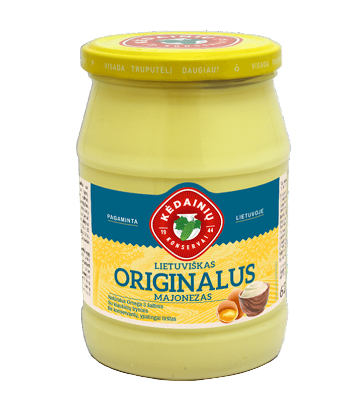 A jar of KEDAINIU mayonnaise with a label indicating that it is an original Lithuanian mayonnaise.