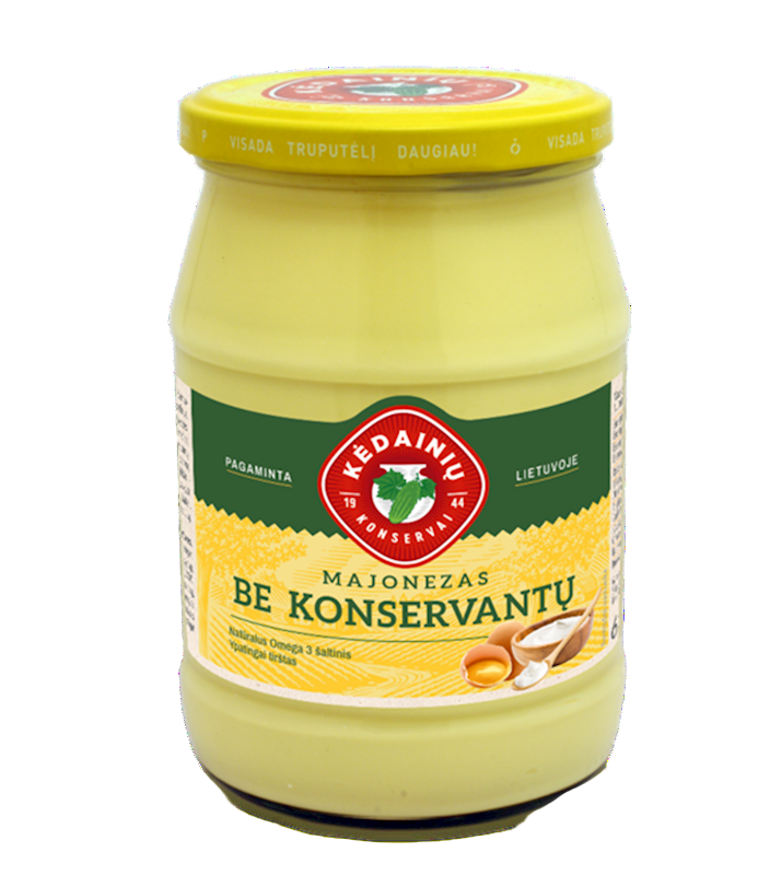 A jar of KEDAINIU mayonnaise without preservatives, 630g size, with label in Lithuanian.