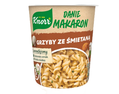 Knorr macaroni noodle cup with mushroom and sour cream flavor on a white background