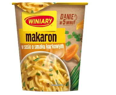 Winiary brand instant noodle package with chicken flavor on a white background