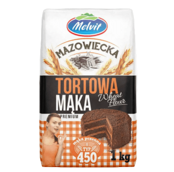 Bag of Melvit Mazowiecka Tortowa Maka wheat flour with branding and product details.