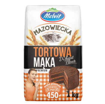 Bag of Melvit Mazowiecka Tortowa Maka wheat flour with branding and product details.