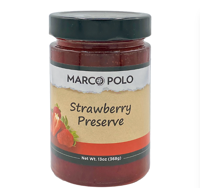 A jar of Marco Polo Strawberry Preserve with a black lid and a beige label featuring strawberries, set against a plain white background.