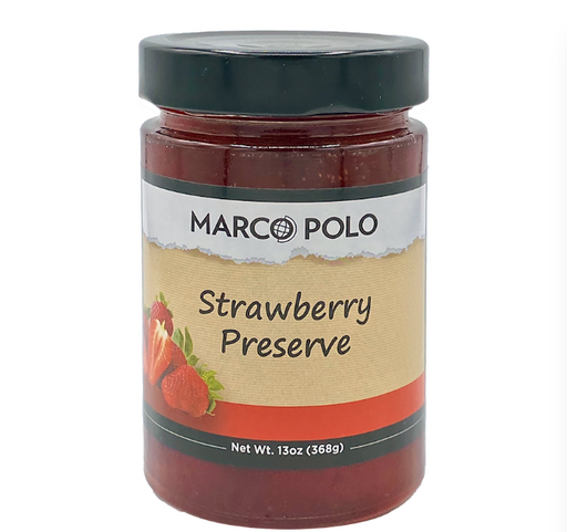 A jar of Marco Polo Strawberry Preserve with a black lid and a beige label featuring strawberries, set against a plain white background.