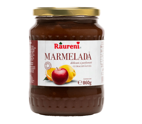 Jar of Raureni marmelada with a gold lid on a white background