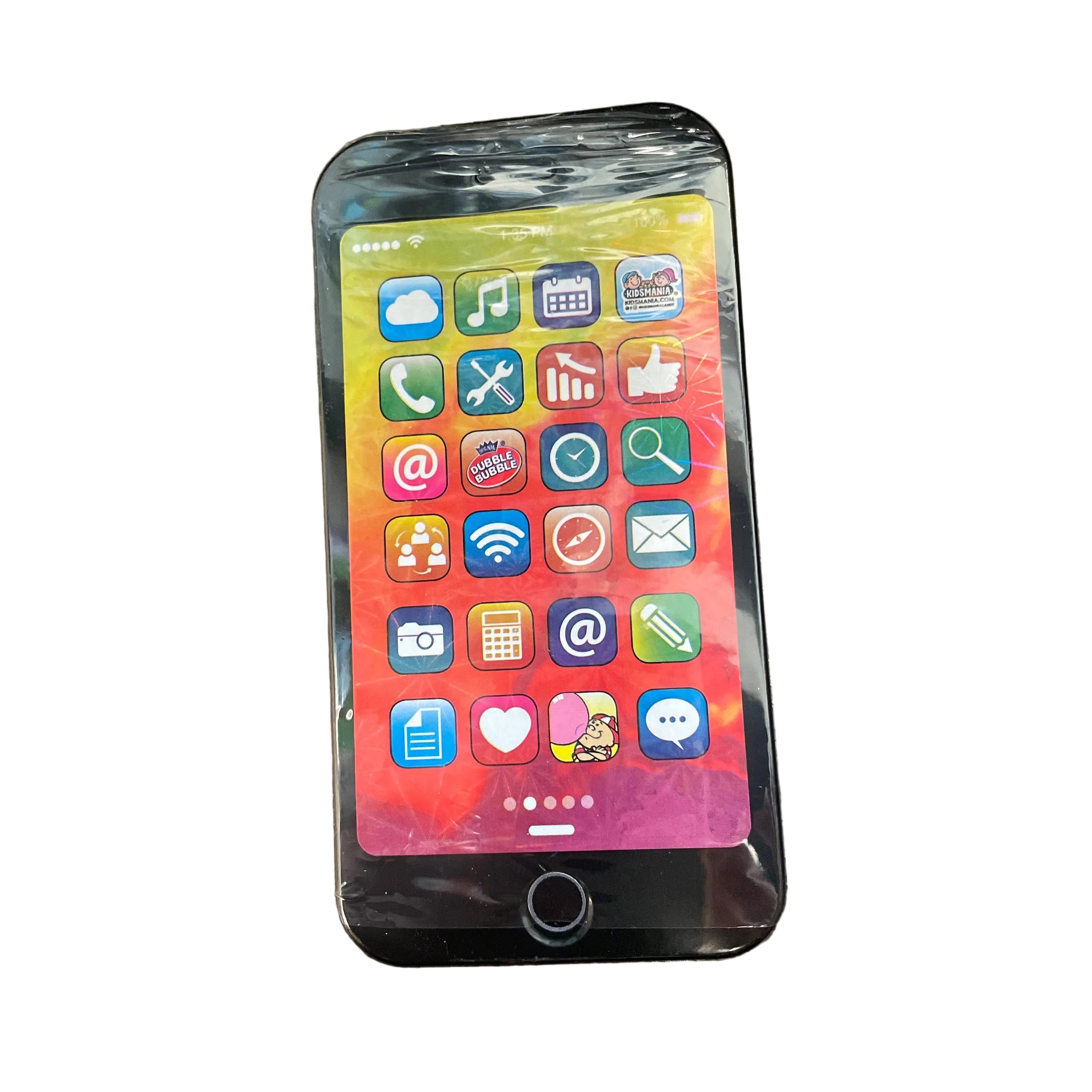 A black smartphone with a heavily cracked glass front protector, lying on a dark wood grain surface. The screen displays a colorful grid of app icons.