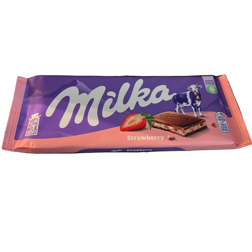 Milka strawberry chocolate bar packaging on a metallic surface