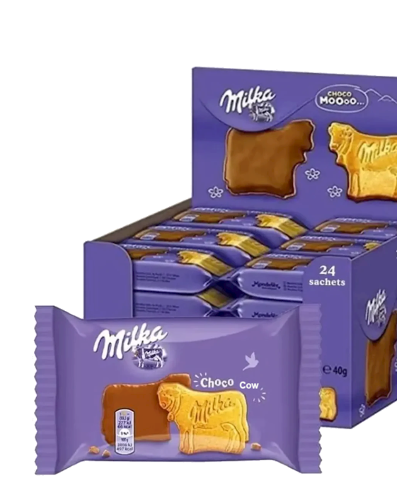 Milka Choco Cow chocolate bars in a purple packaging box on a white background