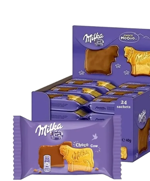 Milka Choco Cow chocolate bars in a purple packaging box on a white background