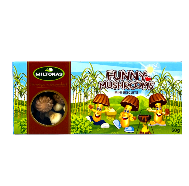 Packaging of Miltonas Funny Mushrooms mini biscuits with cartoon characters on a grassy field background.